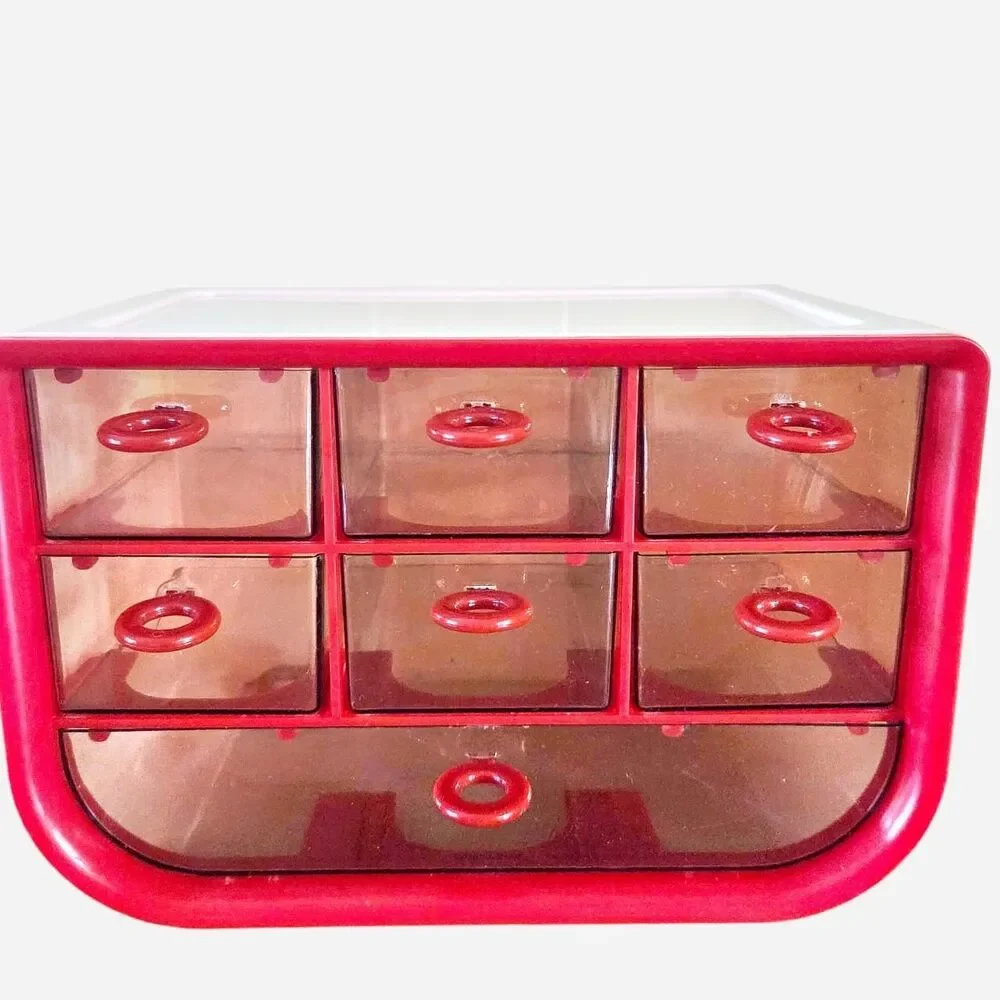 Retro Aesthetic Storage 7 Draw Plastic Desktop Organizer Red Small Jewelry Craft